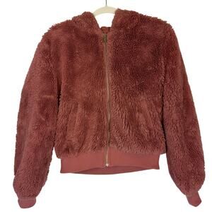 Love Tree Hooded Sherpa Teddy Bomber Jacket Women Size L Dusty Rose Pink
